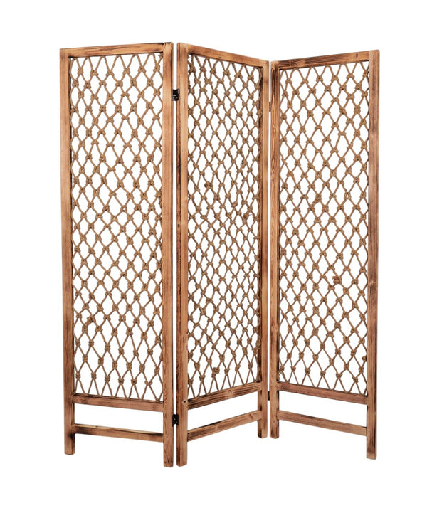 HomeRoots 60 Natural Rope Wooden Screen - Stylish Three-Panel Room Divider for Chic Indoor & Outdoor Spaces 274700