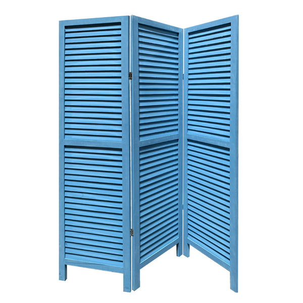 Homeroots Blue Finish Wood Shutter 3 Panel Room Divider Screen Blue Wood 274704
