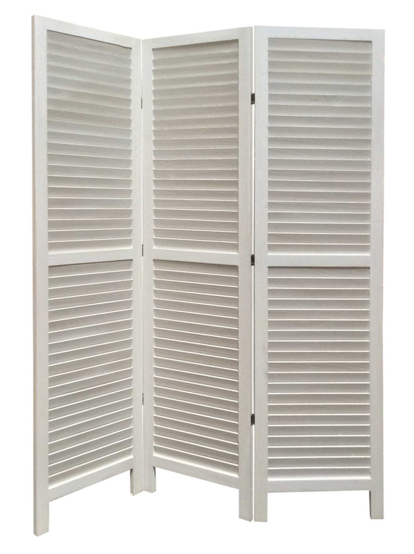Homeroots White Finish Wood Shutter 3 Panel Room Divider Screen White Wood 274707