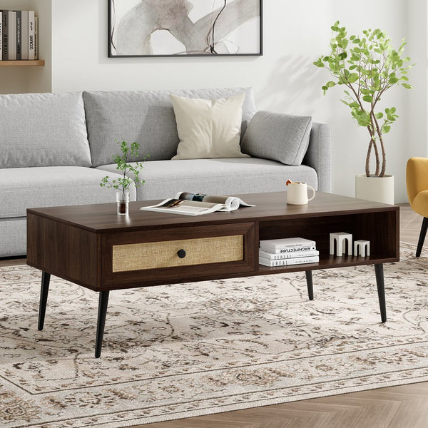 English Elm Mid-Century 47" Rectangular Coffee Table with Rattan Drawer, Open Shelf & Metal Legs for Living Room Walnut T3623P380005