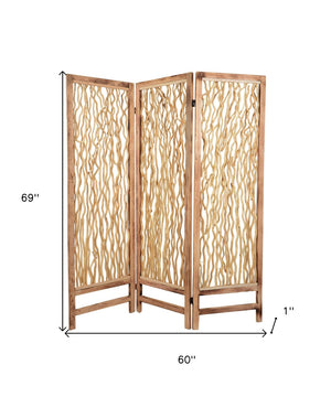 HomeRoots 60 Brown 3 Panel Wood Foldable Screen – Rustic Decorative Room Divider with Willow Inset Design 274728