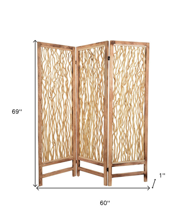 HomeRoots 60 Brown 3 Panel Wood Foldable Screen – Rustic Decorative Room Divider with Willow Inset Design 274728