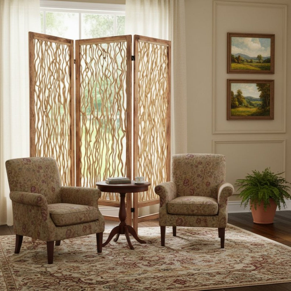 HomeRoots 60 Brown 3 Panel Wood Foldable Screen – Rustic Decorative Room Divider with Willow Inset Design 274728