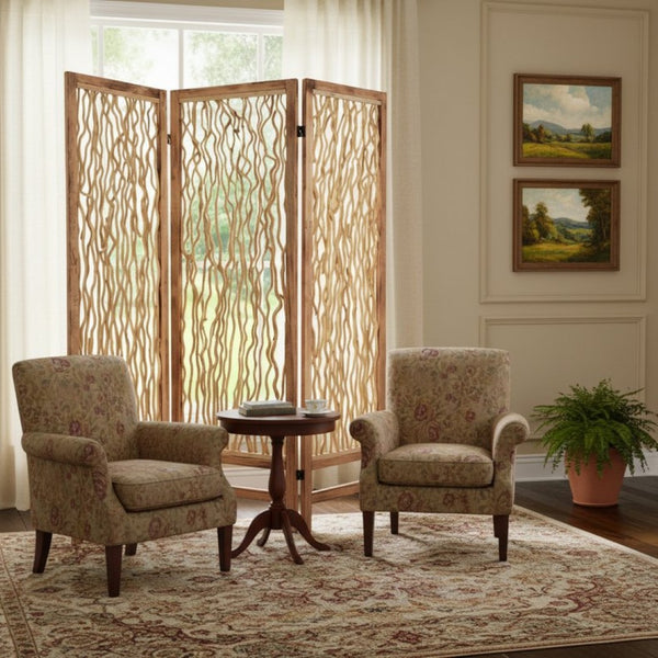 HomeRoots 60 Brown 3 Panel Wood Foldable Screen – Rustic Decorative Room Divider with Willow Inset Design 274728