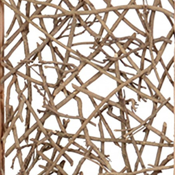 HomeRoots 60 Brown 3-Panel Wood Foldable Screen - Stylish Room Divider with Willow Insets for Indoor/Outdoor Use 274729