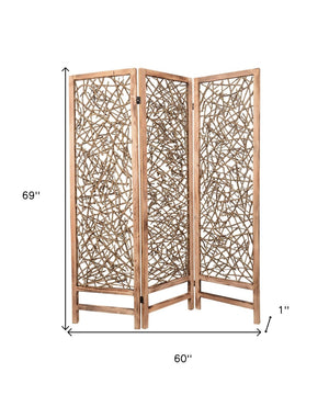HomeRoots 60 Brown 3-Panel Wood Foldable Screen - Stylish Room Divider with Willow Insets for Indoor/Outdoor Use 274729