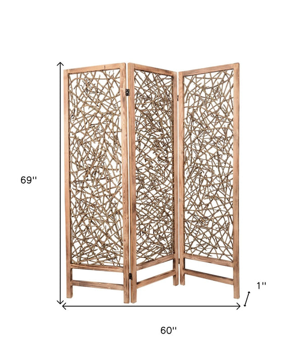 HomeRoots 60 Brown 3-Panel Wood Foldable Screen - Stylish Room Divider with Willow Insets for Indoor/Outdoor Use 274729