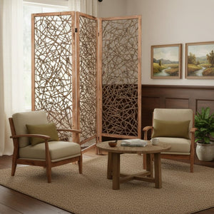 HomeRoots 60 Brown 3-Panel Wood Foldable Screen - Stylish Room Divider with Willow Insets for Indoor/Outdoor Use 274729