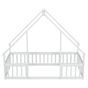 English Elm Twin Wood House-Shaped Floor Bed with Fence and Guardrails – Playful Pine Frame for Imaginative Kids Retreat White W504P143290