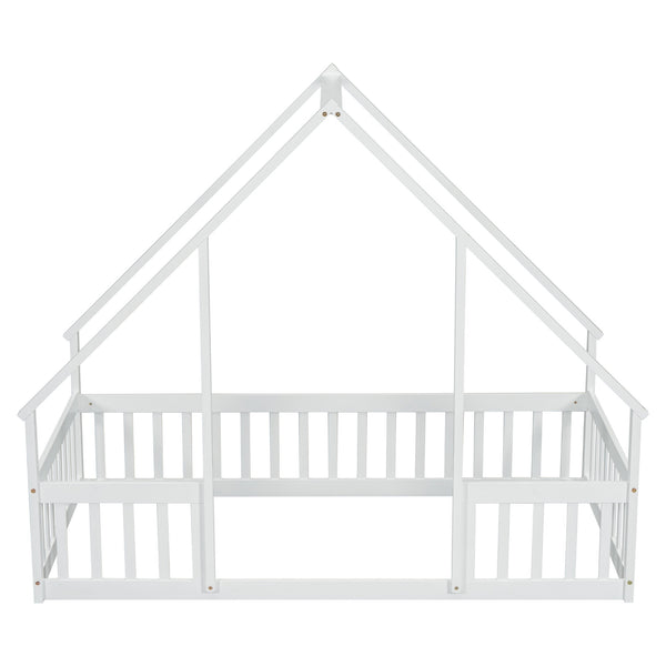 English Elm Twin Wood House-Shaped Floor Bed with Fence and Guardrails – Playful Pine Frame for Imaginative Kids Retreat White W504P143290