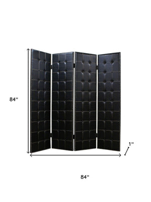 HomeRoots 84 Black Faux Leather Folding Screen - Stylish 4-Panel Room Divider with Nail Head Accents & Versatility 274733