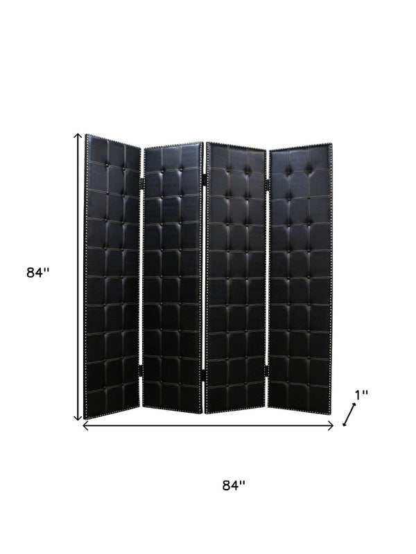 HomeRoots 84 Black Faux Leather Folding Screen - Stylish 4-Panel Room Divider with Nail Head Accents & Versatility 274733