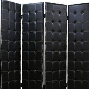 HomeRoots 84 Black Faux Leather Folding Screen - Stylish 4-Panel Room Divider with Nail Head Accents & Versatility 274733