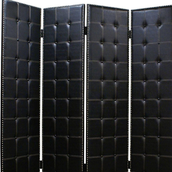 HomeRoots 84 Black Faux Leather Folding Screen - Stylish 4-Panel Room Divider with Nail Head Accents & Versatility 274733