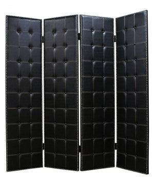 HomeRoots 84 Black Faux Leather Folding Screen - Stylish 4-Panel Room Divider with Nail Head Accents & Versatility 274733