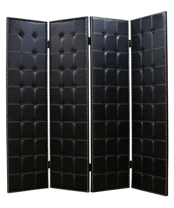HomeRoots 84 Black Faux Leather Folding Screen - Stylish 4-Panel Room Divider with Nail Head Accents & Versatility 274733