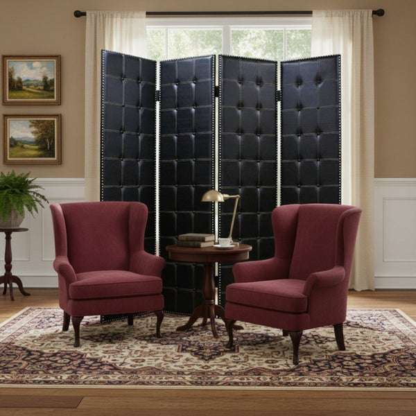 HomeRoots 84 Black Faux Leather Folding Screen - Stylish 4-Panel Room Divider with Nail Head Accents & Versatility 274733