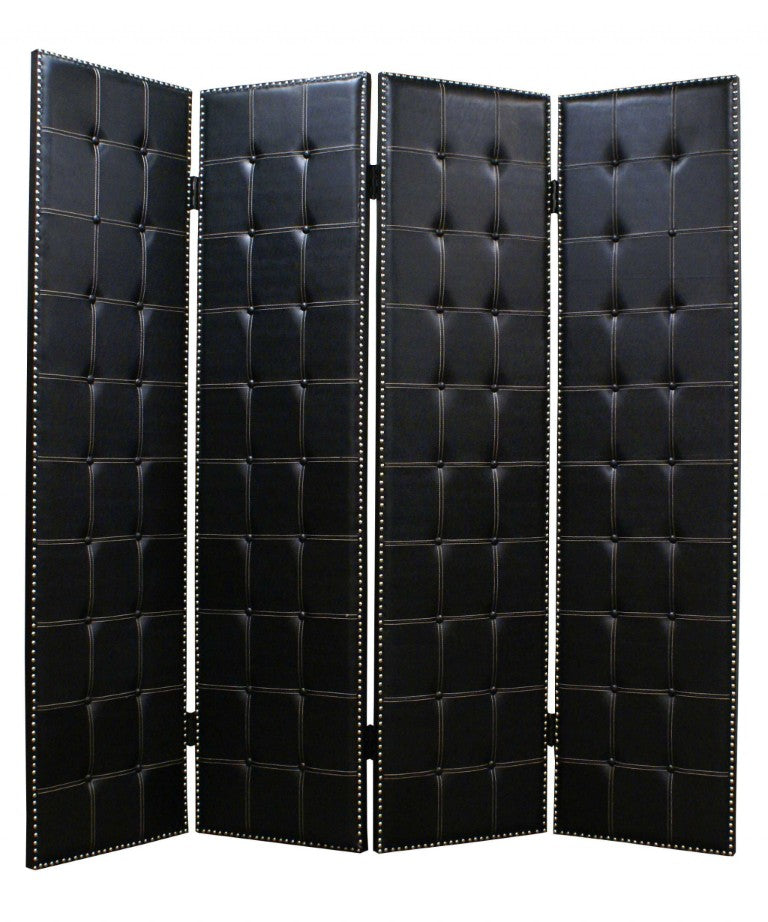 HomeRoots 84 Inch Faux Leather Four Panel Folding Privacy Screen for Living or Bedroom 274734