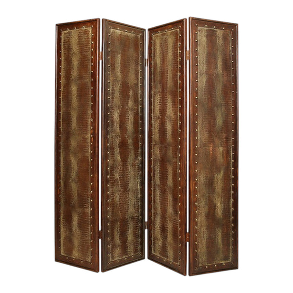 Homeroots 84" Brown Faux Leather Folding Four Panel Screen Room Divider  Faux Leather 274740