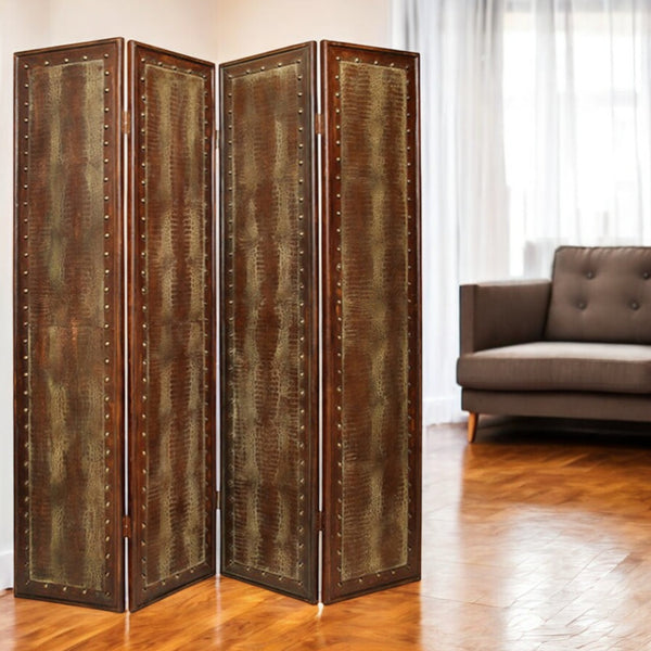 Homeroots 84" Brown Faux Leather Folding Four Panel Screen Room Divider  Faux Leather 274740