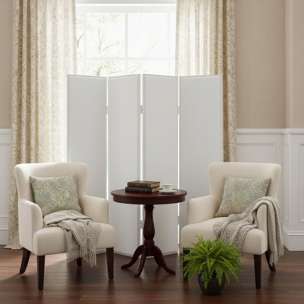 HomeRoots 84 Elegant White Faux Leather Folding Screen – Stylish Room Divider with Nail-Head Accents & Versatility 274747