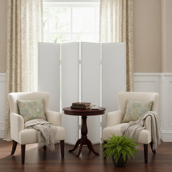 HomeRoots 84 Elegant White Faux Leather Folding Screen – Stylish Room Divider with Nail-Head Accents & Versatility 274747