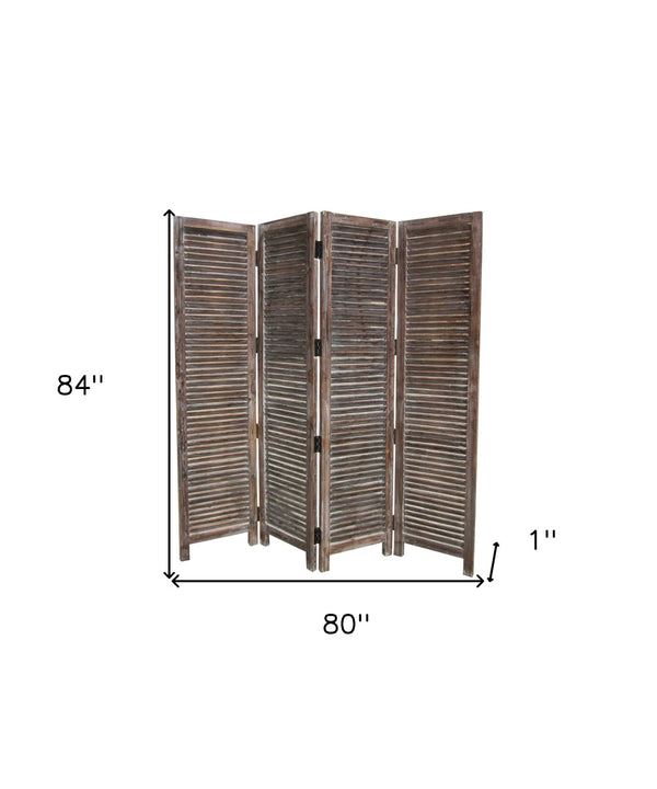HomeRoots 80 Rustic Brown Wood Screen - 4-Panel Privacy Divider with Classic Shutter Design for Any Space 274748