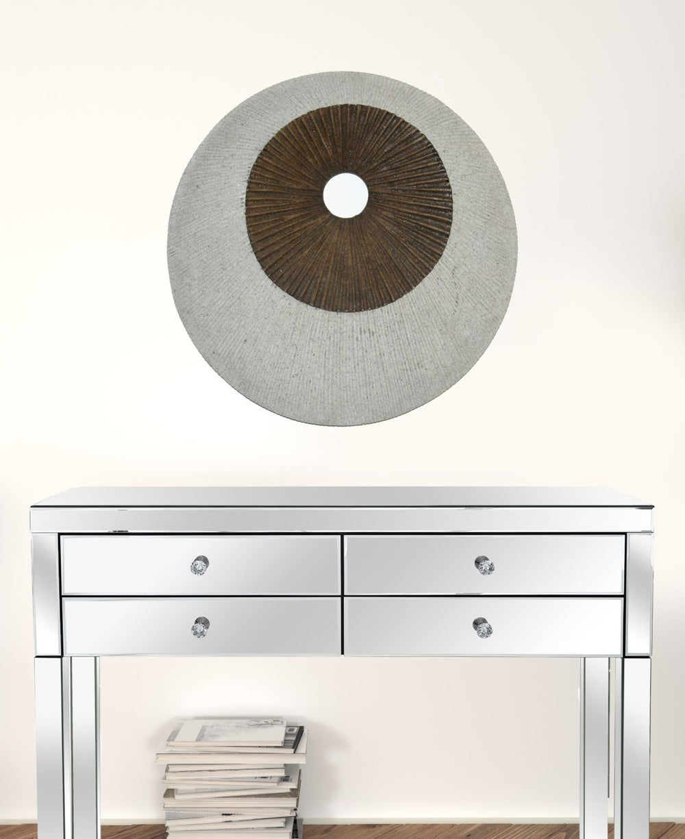 HomeRoots 27" Round Double Layer Ribbed Wall Decor - Elegant Brown & Gray Accent for Modern Interiors 274770