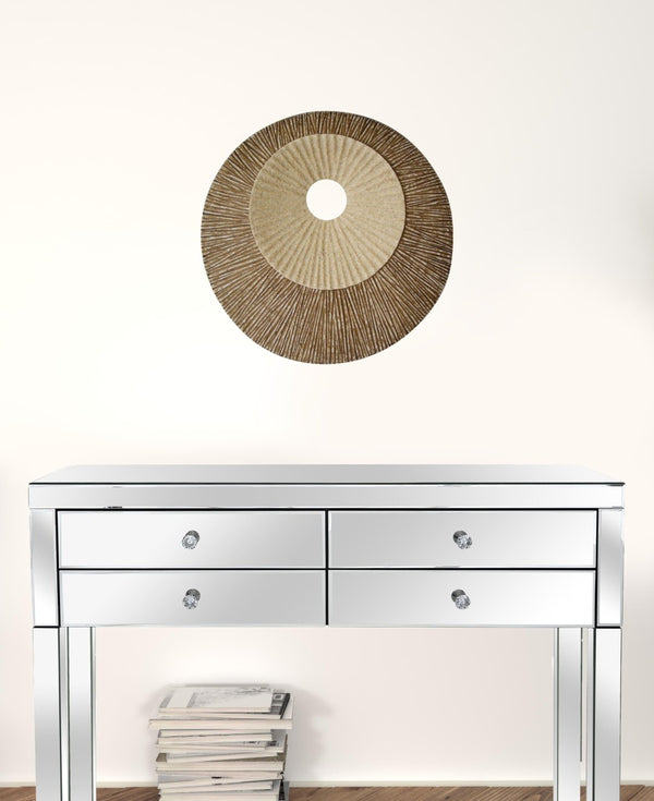 HomeRoots 19" Round Double-Layer Ribbed Wall Plaque in Sand-Brown - Modern Accent for Any Décor Style 274772