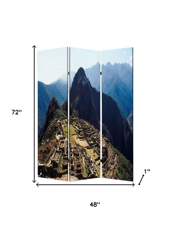 HomeRoots 48" X 72" Multi Color Wood Canvas Machu Picchu Screen - Stylish Room Divider & Artful Accent Decor 274858