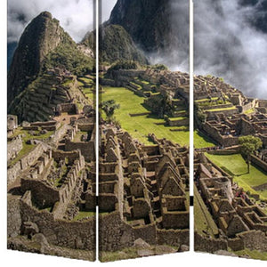 HomeRoots 48" X 72" Multi Color Wood Canvas Machu Picchu Screen - Stylish Room Divider & Artful Accent Decor 274858