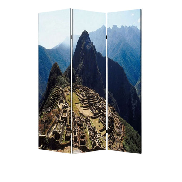 HomeRoots 48" X 72" Multi Color Wood Canvas Machu Picchu Screen - Stylish Room Divider & Artful Accent Decor 274858