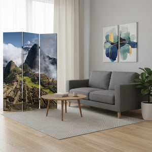 HomeRoots 48" X 72" Multi Color Wood Canvas Machu Picchu Screen - Stylish Room Divider & Artful Accent Decor 274858