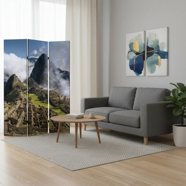 HomeRoots 48" X 72" Multi Color Wood Canvas Machu Picchu Screen - Stylish Room Divider & Artful Accent Decor 274858
