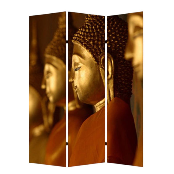HomeRoots 48" Multi Color Wood Canvas Buddha Screen - Elegant Room Divider with Double-Sided Art Panels 274864