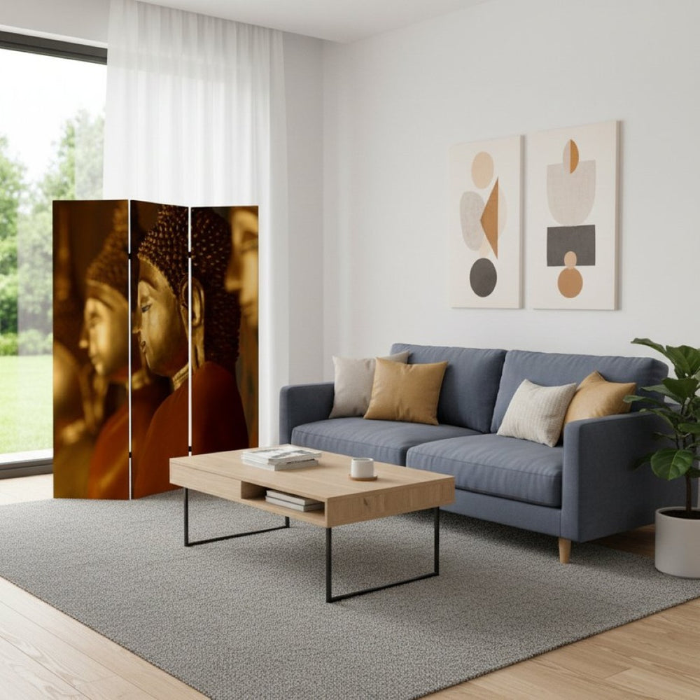 HomeRoots 48" Multi Color Wood Canvas Buddha Screen - Elegant Room Divider with Double-Sided Art Panels 274864