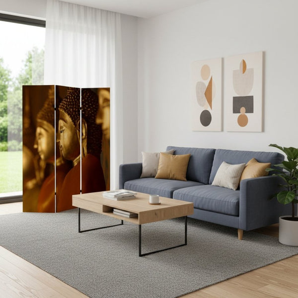 HomeRoots 48" Multi Color Wood Canvas Buddha Screen - Elegant Room Divider with Double-Sided Art Panels 274864