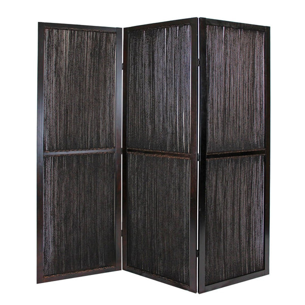 HomeRoots Dark Wood Room Divider Screen – Elegant 3-Panel Design with Water Hyacinth for Privacy & Style 274870