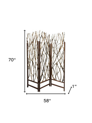 Homeroots 70" Brown Wood Branches Folding Three Panel Screen Room Divider  Wood 274875
