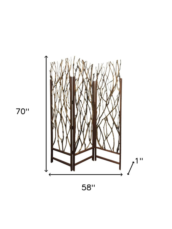 Homeroots 70" Brown Wood Branches Folding Three Panel Screen Room Divider  Wood 274875
