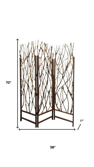 HomeRoots 70" Rustic Brown Wood Branches Folding Three-Panel Room Divider – Unique Decorative Accent Screen 274875