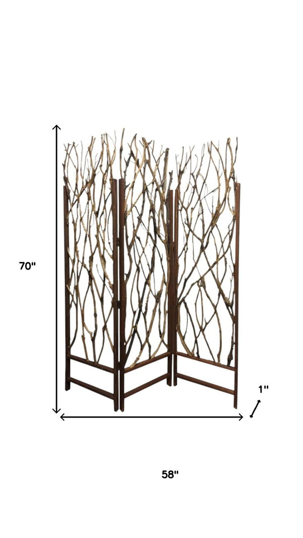 HomeRoots 70" Rustic Brown Wood Branches Folding Three-Panel Room Divider – Unique Decorative Accent Screen 274875
