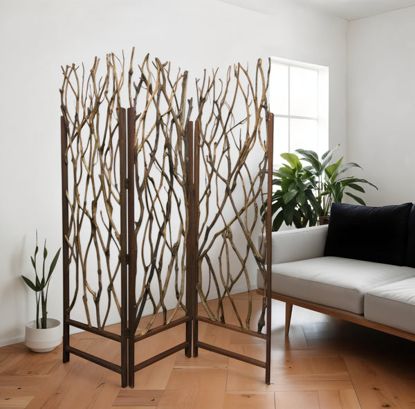 Homeroots 70" Brown Wood Branches Folding Three Panel Screen Room Divider  Wood 274875