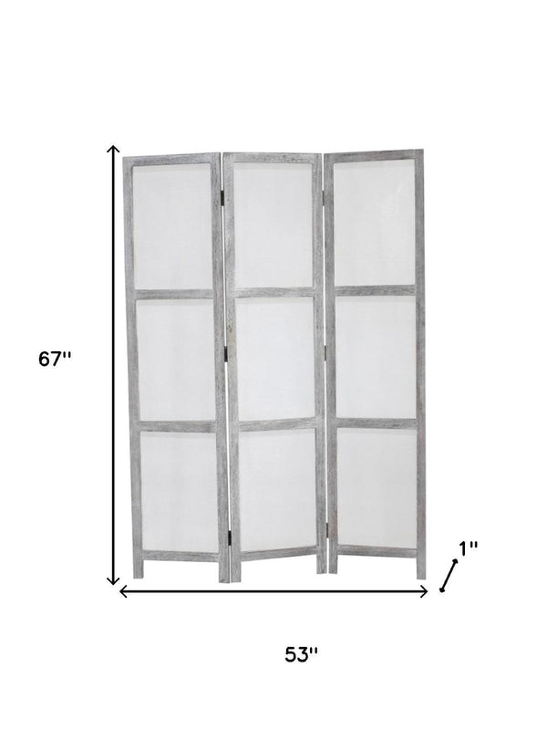 HomeRoots 53" Gray Wood Breezer Mesh Screen - Handcrafted 3-Panel Room Divider for Stylish Privacy & Airflow 274877