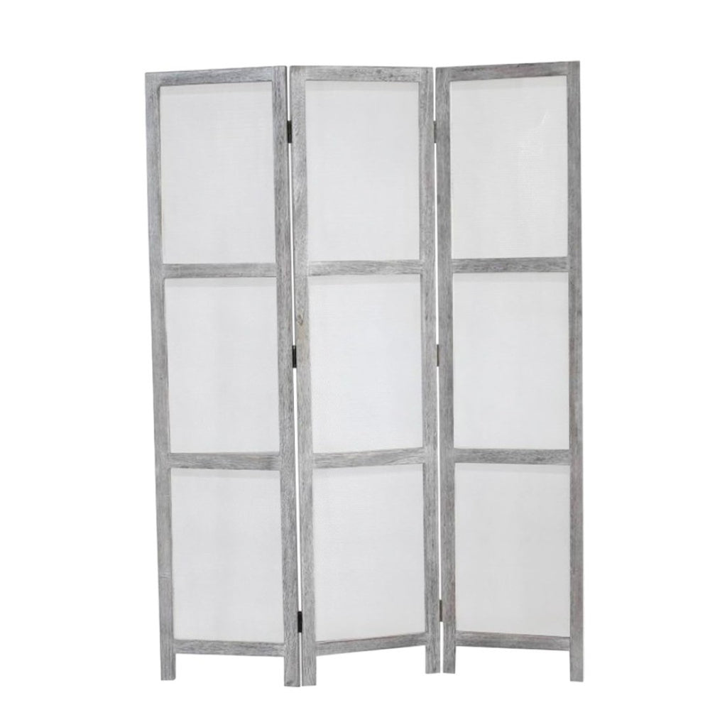 HomeRoots 53" Gray Wood Breezer Mesh Screen - Handcrafted 3-Panel Room Divider for Stylish Privacy & Airflow 274877