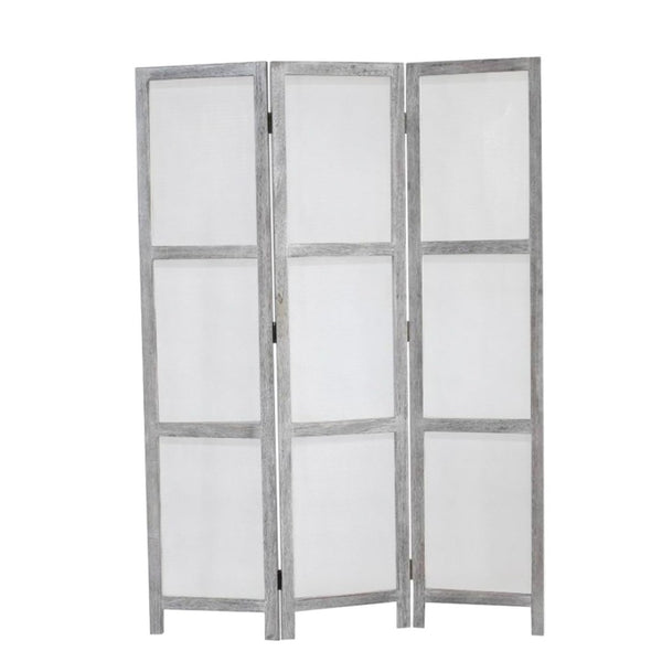 HomeRoots 53" Gray Wood Breezer Mesh Screen - Handcrafted 3-Panel Room Divider for Stylish Privacy & Airflow 274877