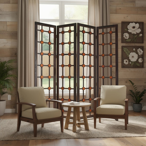 HomeRoots 84" Elegant Brown Wood Folding Room Divider with Modern Glass Panels for Stylish Privacy & Space Definition 274878