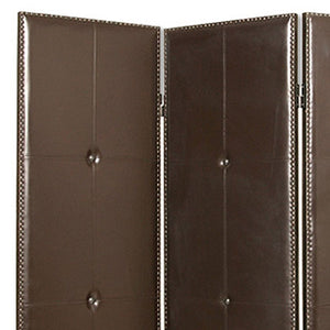 HomeRoots 60" Brown Faux Leather Folding Room Divider Screen - Elegant 3-Panel Design with Antique Brass Accents 274879