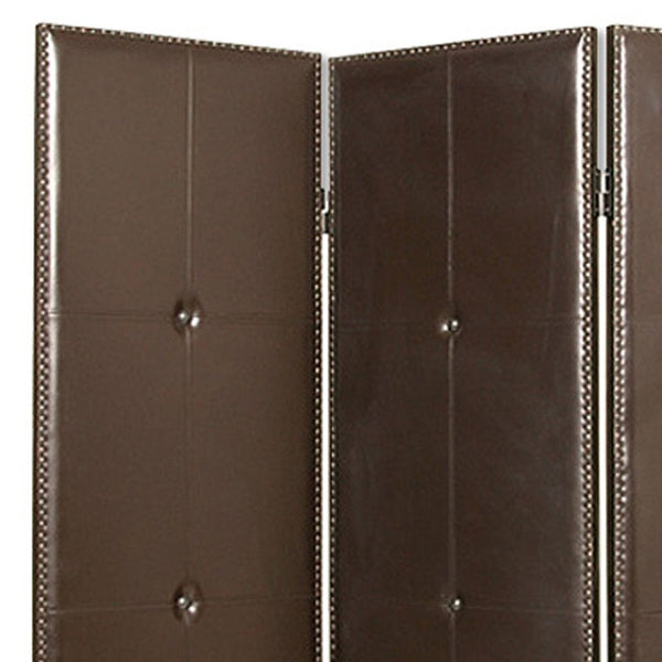 HomeRoots 60" Brown Faux Leather Folding Room Divider Screen - Elegant 3-Panel Design with Antique Brass Accents 274879