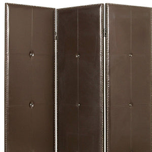 HomeRoots 60" Brown Faux Leather Folding Room Divider Screen - Elegant 3-Panel Design with Antique Brass Accents 274879